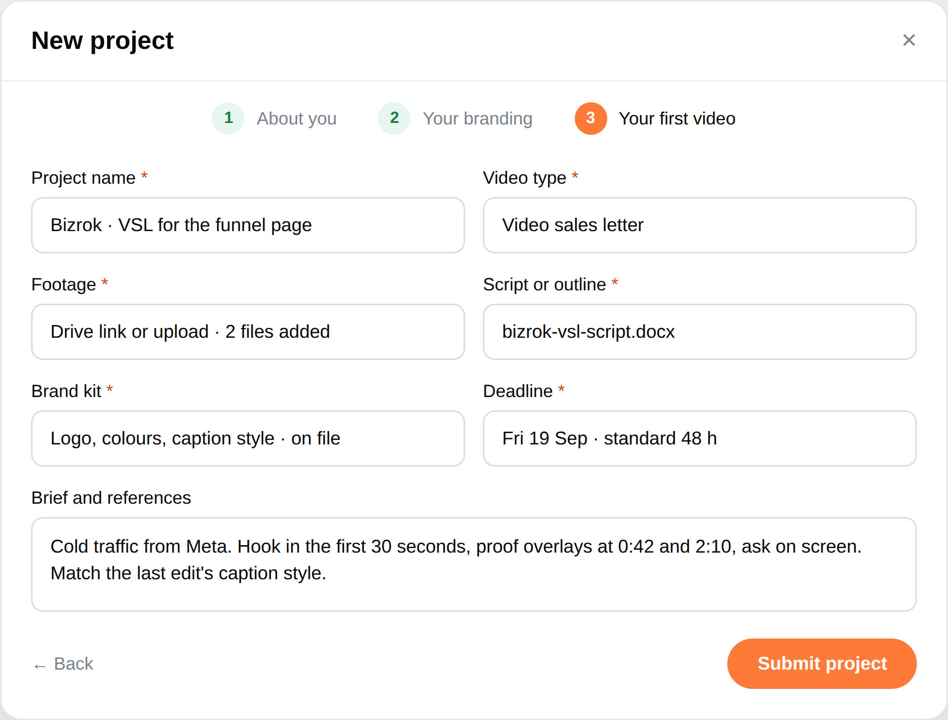 The new project form: project name, video type, footage, script, brand kit, deadline and brief