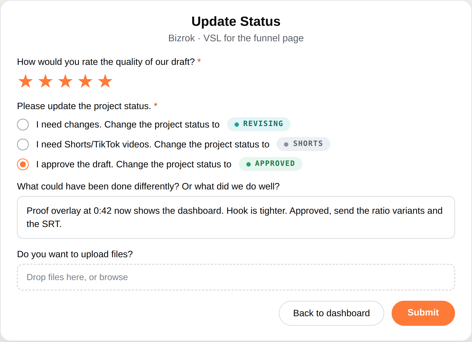 The status update form: rate the draft, choose a status, leave notes and upload files