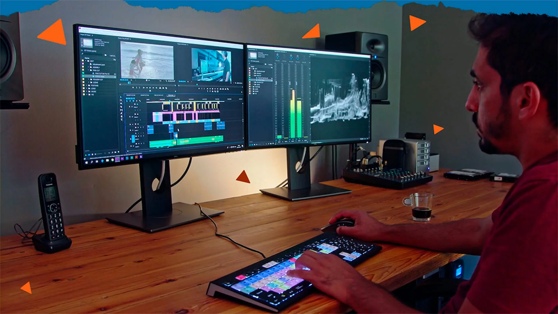 An editor working across two monitors in an edit suite